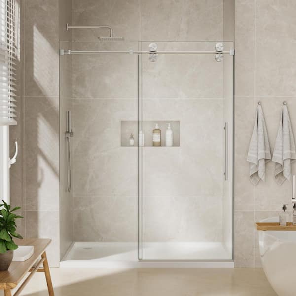 56 in.-60 in. W x 72 in. H Frameless Single Sliding Shower Door-5/16 in. Tempered Glass, Bypass Design w/ Brushed Nickel