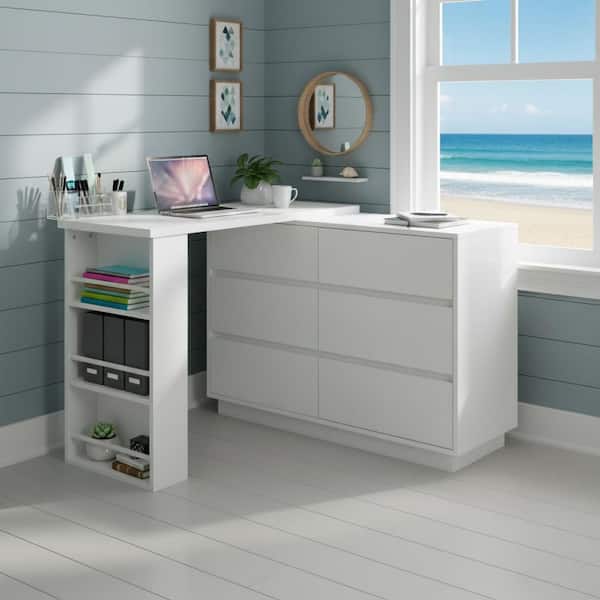 OMBO 39.37 in. L-Shaped Snow-White Engineered Wood 6-Drawer Computer Desk with Reversible Storage Cabinet