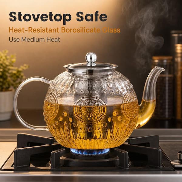 Numhew 6-Cup Vintage Glass Teapot with Removable Infuser for