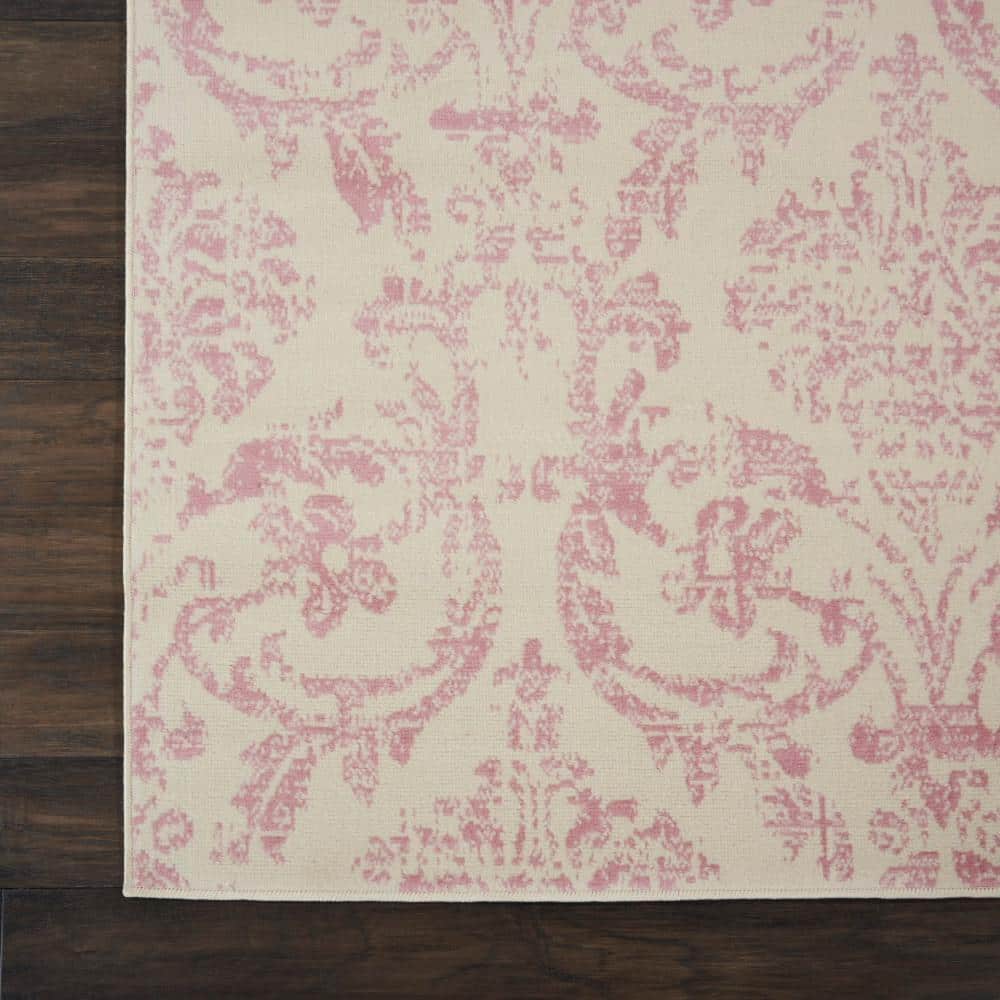 Ivory and Pink Synthetic Damask 7' x 10' Area Rug