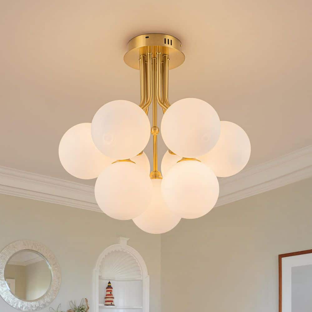 20 in. Modern Sputnik Brushed Brass 9-Light Semi-Flush Mount Chandelier with Globe Opal Glass for Bedroom Living Room price history on PriceWatchPro