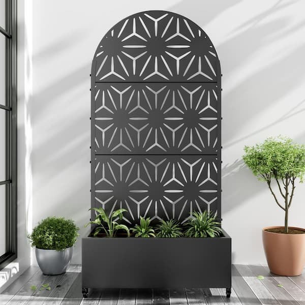 Lirago 72 in. x 35 in. Arched-Top Black Outdoor Metal Privacy Screen Raised Planter Box Wall Decor