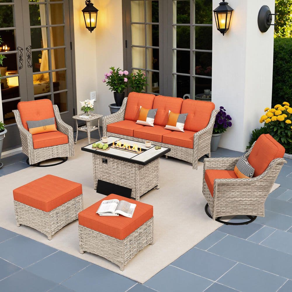 Palffy Gray 7-Piece Wicker Patio Rectangle Fire Pit Conversation Set with Orange Red Cushions and Swivel Chairs price history on PriceWatchPro