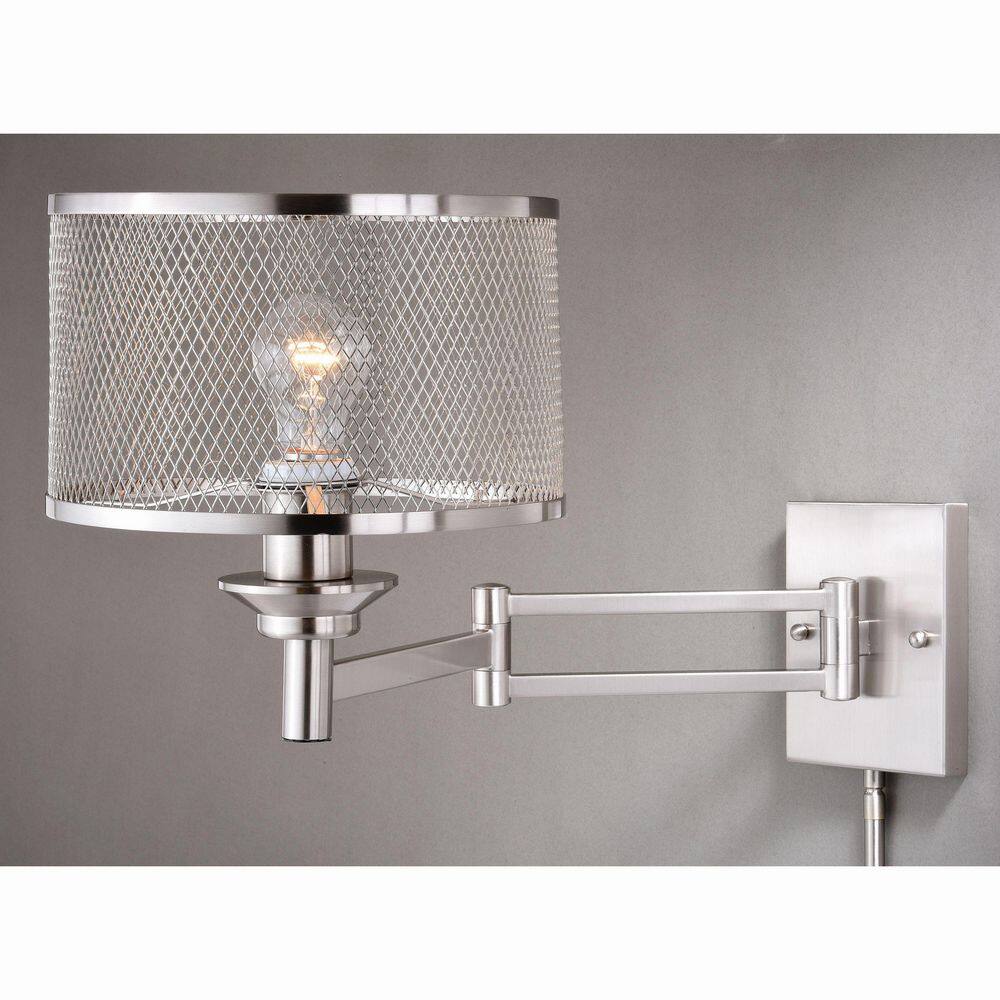 Satin Nickel Swing Arm Wall Lamp with Gray Linen Shade