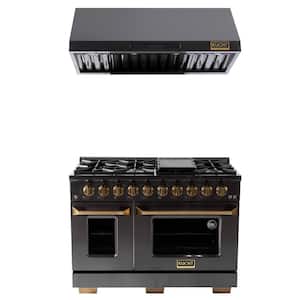 Gemstone 48 in. 6.7 cu. ft. 8-Burners Double Oven Dual Fuel Range Natural Gas and Range Hood in Titanium Stainless Steel