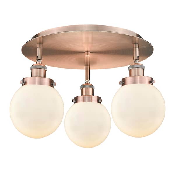 Beacon 17.75 in. 3-Light Antique Copper Art Nouveau Flush Mount with Seeded Glass Shade