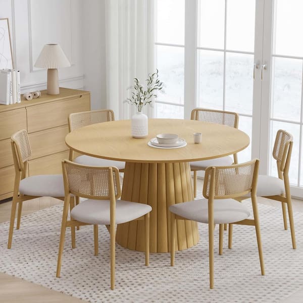 Dovelina 52 in. Natural Oak Wood Color Column Pedestal Round Kitchen Table Dining Table Seats 4
