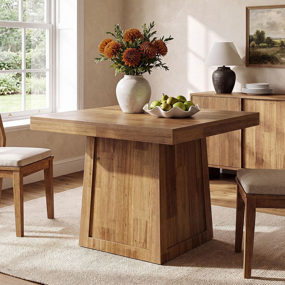 Roesler Small Square Walnut Wood Pedestal Dining Table Seats 2-4, 31.5 in. Farmhouse Kitchen Table for Apartment