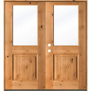 64 in. x 80 in. Rustic Knotty Alder Clear Half-Lite Clear Stain Wood/V-Groove Right Active Double Prehung Front Door