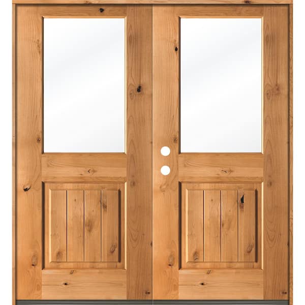 Krosswood Doors 64 in. x 80 in. Rustic Knotty Alder Clear Half-Lite Clear Stain Wood/V-Groove Right Active Double Prehung Front Door