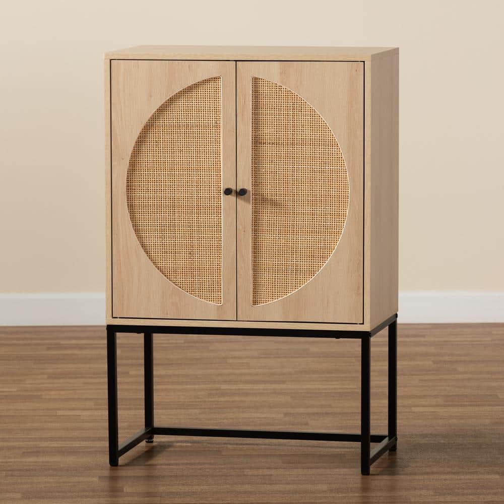 Ardon Bohemian Light Brown Wood and Black Metal Storage Cabinet with Rattan
