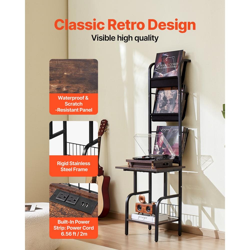Black Steel and Wood Record Player Stand with USB Ports