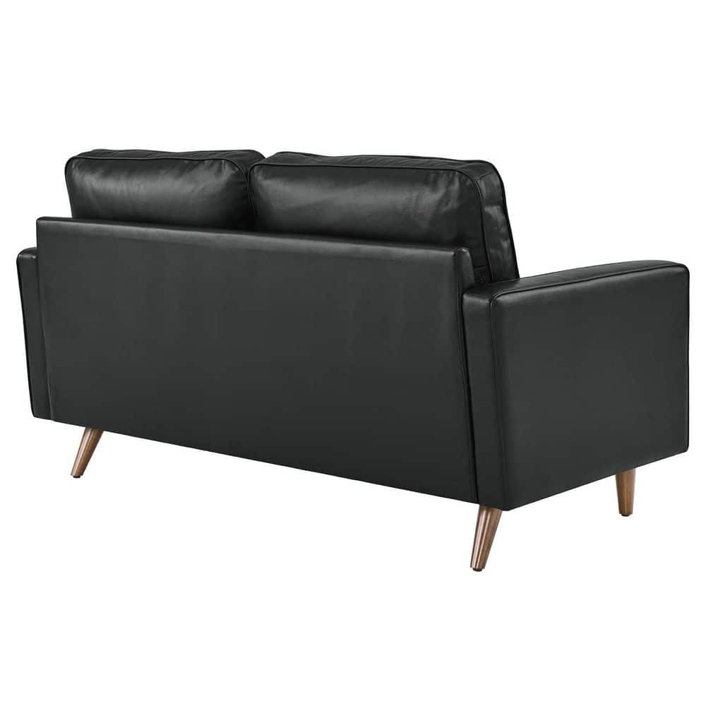 Mid-Century Modern Black Faux Leather Tufted Loveseat with Wood Legs