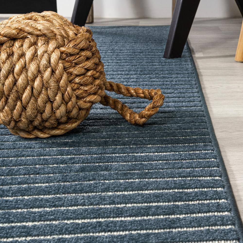 Ivory and Navy Striped Synthetic 4' x 6' Reversible Rug