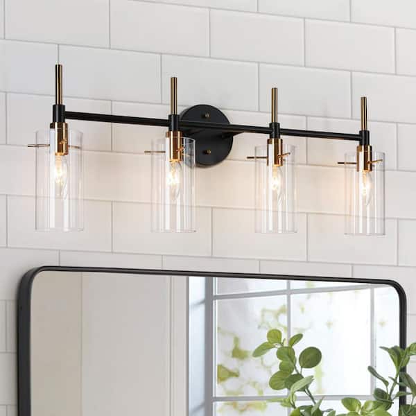 Modern 4-Light Brass Gold Wall Sconce, Black Vanity Light with Cylinder Clear Glass Shades, DIY Bathroom Wall Lights