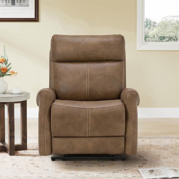 Oaken Wall Hugger Brown Faux Leather Power Recliner with USB and Type-C, Wide Seat
