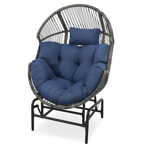Gray Wicker Egg Chair Patio Glider, Backyard Living Room Indoor/Outdoor Chaise Lounge with Blue Cushions
