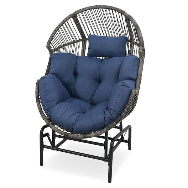 Pocassy Gray Wicker Egg Chair Patio Glider, Backyard Living Room Indoor/Outdoor Chaise Lounge with Blue Cushions