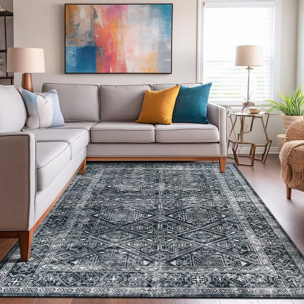 Transitional Bohemian Distressed Washable Non Slip Black 8 ft. x 10 ft. Area Rug