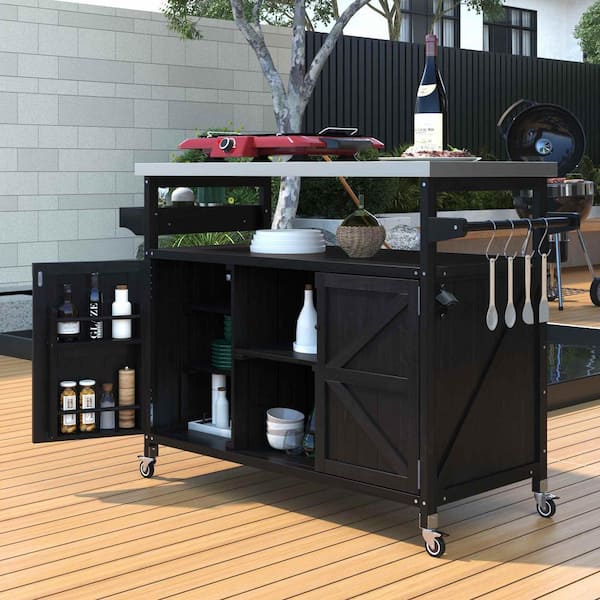 Black Stainless Steel 50.25 in. W Kitchen Island with Stainless Steel Top, Spice Rack, Towel Rack