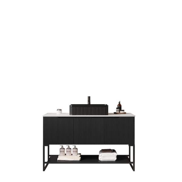 48 in. W x 20 in. D x 34 in. H Single Sink Freestanding Bath Vanity in Black with White Sintered Stone Top