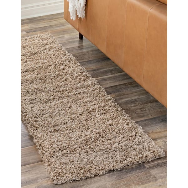 Solid Shag Collection Area Rug (2 ft. 7 in. x 13 ft. 1 in. Runner Taupe)