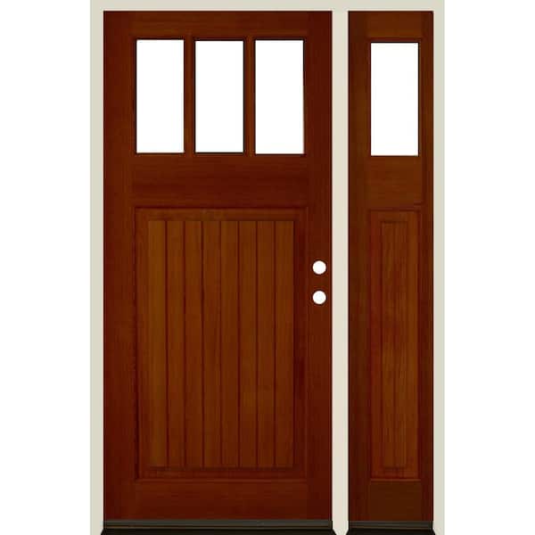 Krosswood Doors 36 in. x 80 in. 3-LIte Clear Glass 1-Panel/V-Grooves English Chestnut Left Hand Douglas Fir Prehung Door Right Sidelite