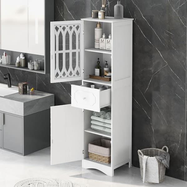 64.96 Tall Storage Cabinet, Floor Standing Cabinet with Shelves, Drawers  and Door, Thin Bathroom Cabinet Narrow Cabinet for Bathroom, Living Room  and Bedroom, Easy to Assemble, White 