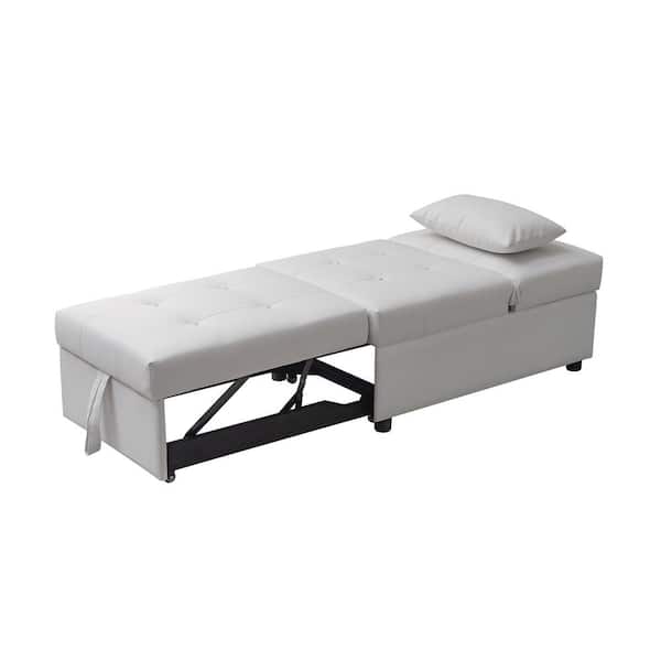 Signature Home SignatureHome Light White Vinyl Vinyl/Linen Convertible Ottoman Chair Bed Sleeper with Reclining Positions 3