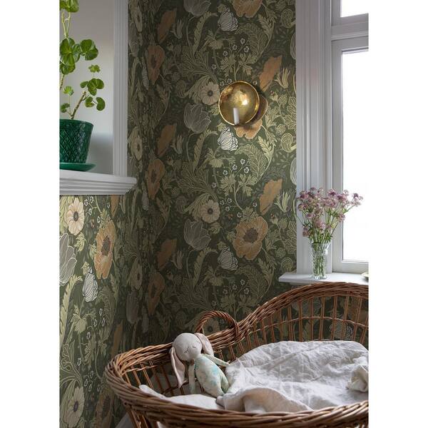 A-Street Prints Anemone Green Floral Wallpaper Sample 4080