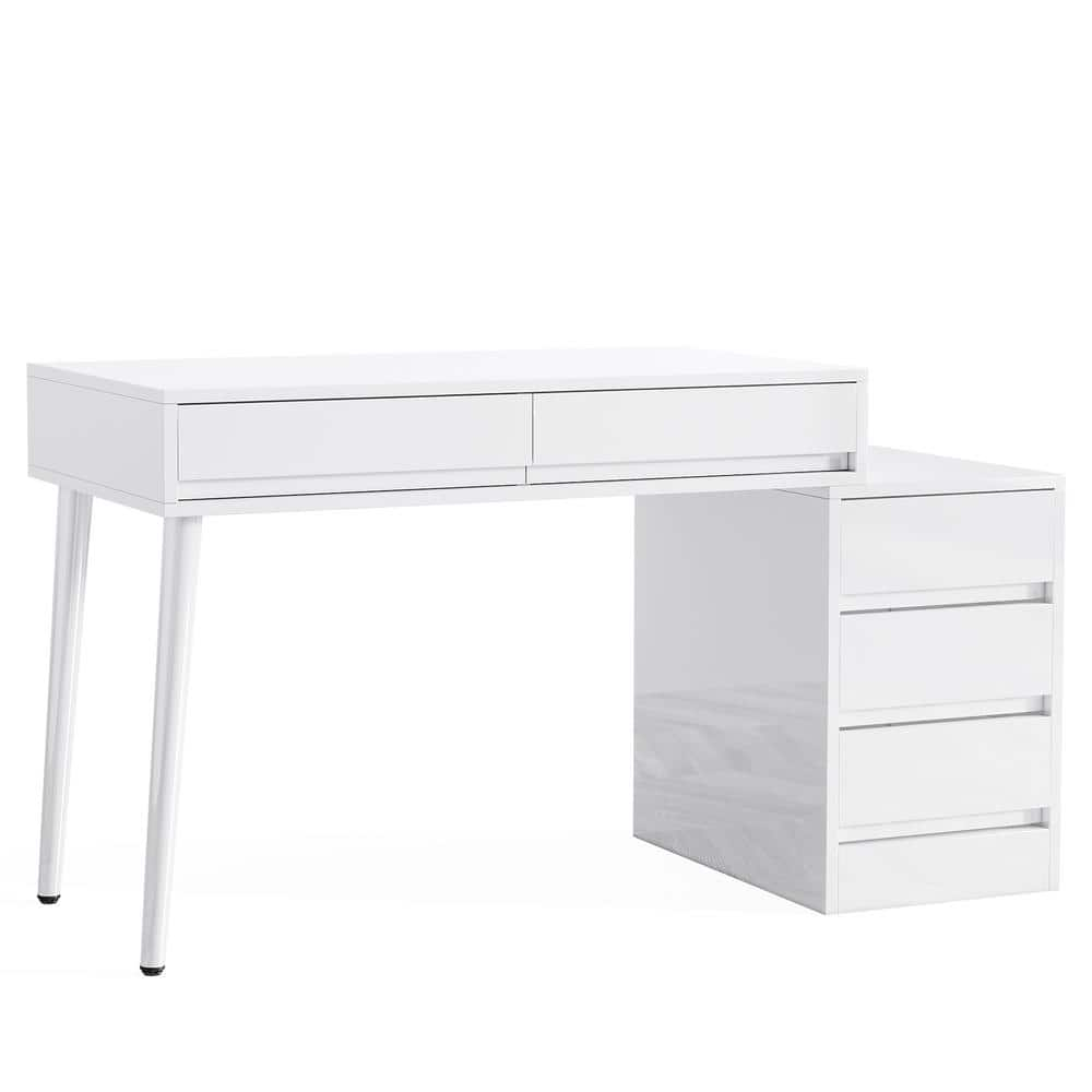 BYBLIGHT Helotes 1-Piece Glossy White Makeup Vanity Desk with 5 Drawers ...