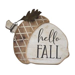 7.25 in. Hello Fall Farmhouse Wood Acorn Accent Tabletop Decor with Metal Leaf