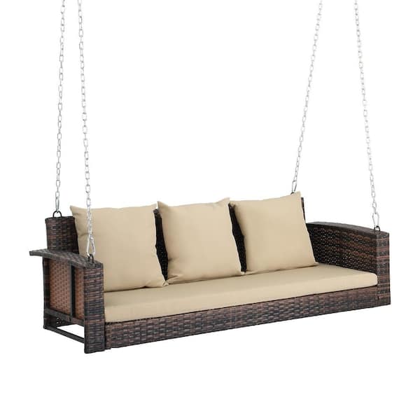 VINGLI 60 in. 3-Person Brown Wicker Porch Swing with Beige Cushions, 140 in. L Adjustable Chains, Patio Swing for Outdoors
