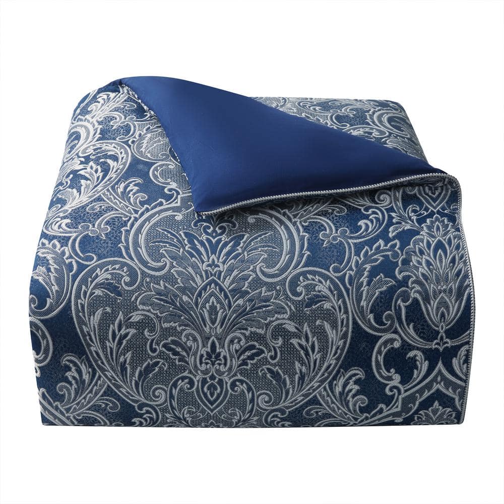 Navy and Ivory Damask Queen Reversible Comforter Set