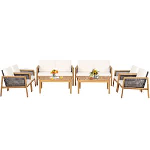8-Pieces Patio Acacia Wood Furniture Set PE Rattan Conversation Set with Off White Cushions