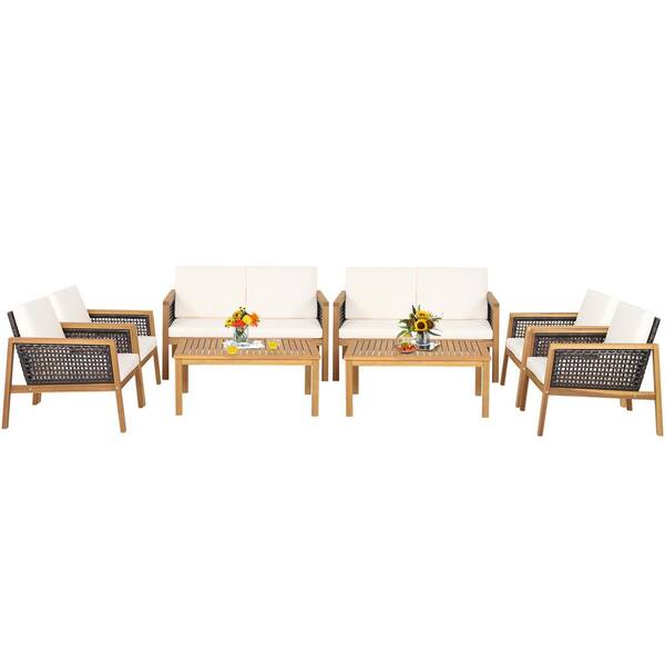 Gymax 8-Pieces Patio Acacia Wood Furniture Set PE Rattan Conversation Set with Off White Cushions