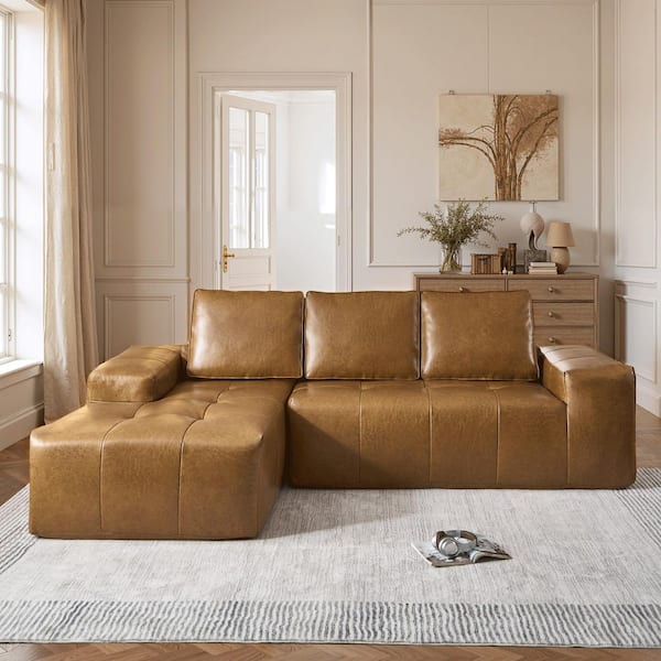 Brocz 114 in. Wide Arm 2-Piece Modern Faux Leather L-Shape Modular Sectional Sofa in Light Brown with Left Chaise