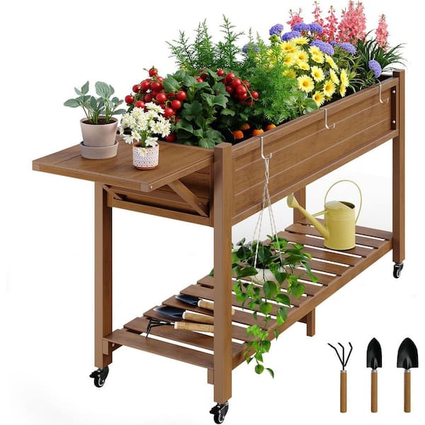 57 in. x 18 in. x 30 in. Teak HIPS Raised Garden Bed with Storage Shelf and Wheels