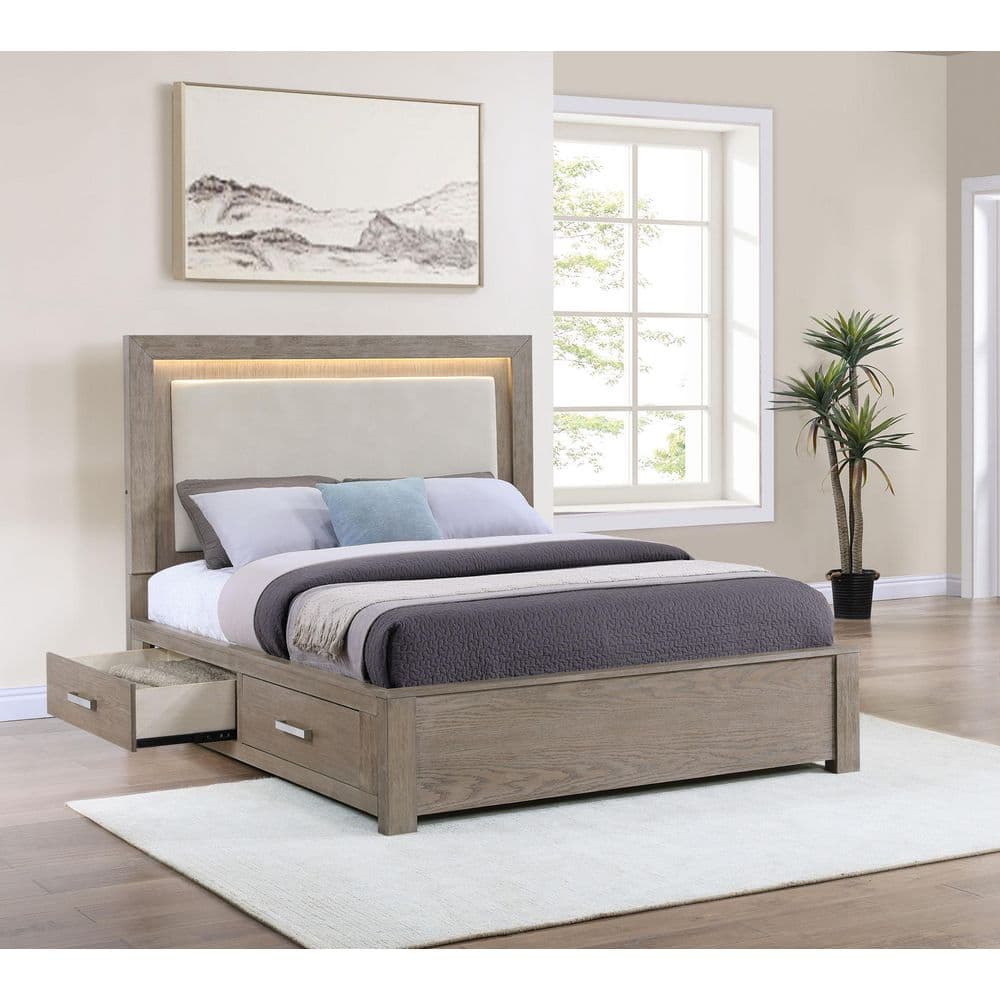 Kenora Barley Brown and Beige Wood Frame Queen Platform Bed with LED Lighting and 4 Drawers price history on PriceWatchPro