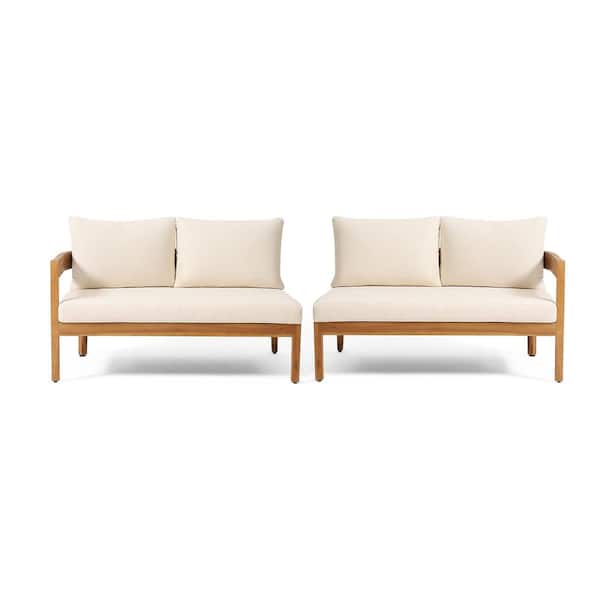 Effie Patio Teak Finish 2-Piece Solid Wood Outdoor Sectional Sofa Set with Beige Cushions, Arms