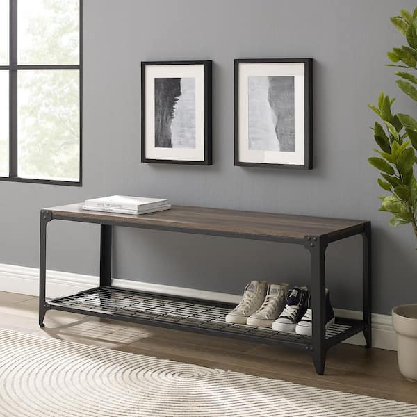 Welwick Designs 48 in. Grey Wash Industrial Angle Iron Entry Bench