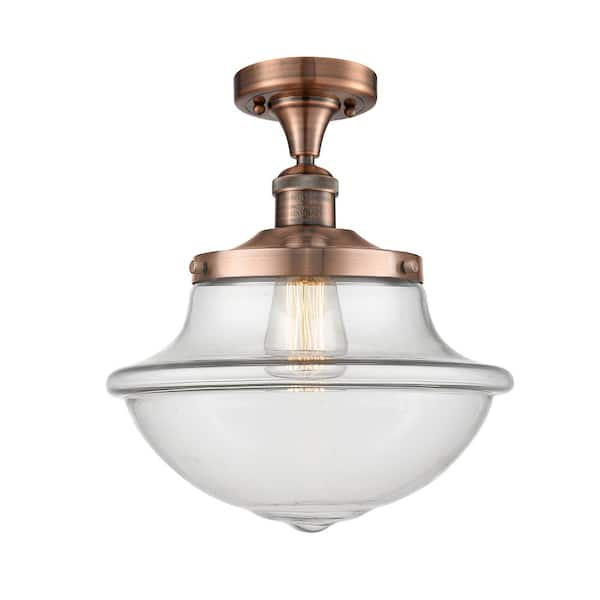 Oxford 11.75 in. 1-Light Antique Copper Traditional Semi-Flush Mount with Clear Glass Shade