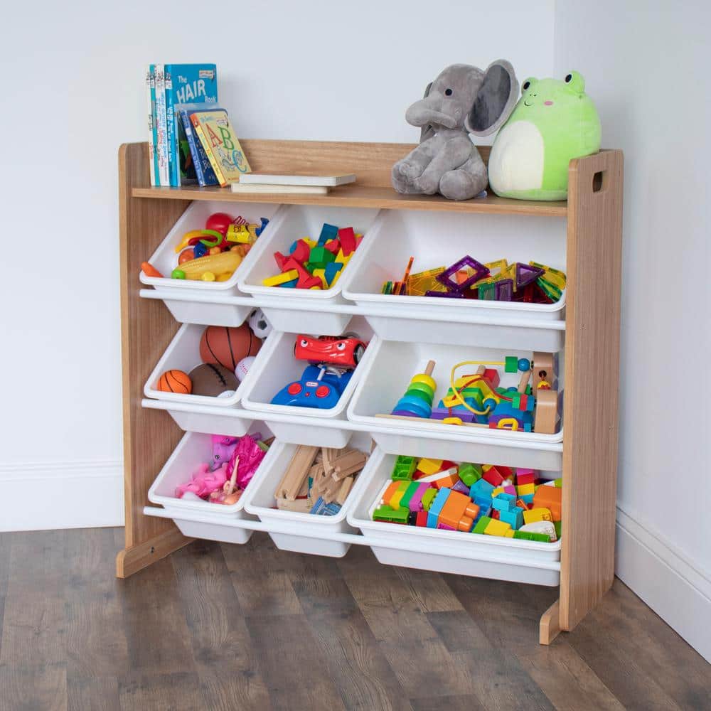Natural Wood and White Kids Toy Storage Organizer with 9 Bins