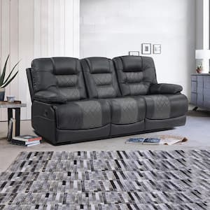 Caelan 88 in. W Straight Arm Faux Leather Rectangle Manual Reclining Sofa w/ Center Drop-Down Cup Holders in 2-Tone Gray