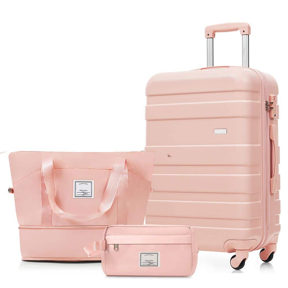 3-Piece Pink ABS Hardshell Spinner 24 in. Luggage Set with Travel Duffel Bag, Toiletry Bag, TSA Lock
