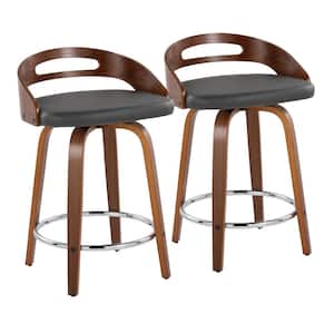 Cassis 24 in. Grey Faux Leather, Walnut Wood and Chrome Metal Fixed-Height Counter Stool (Set of 2)