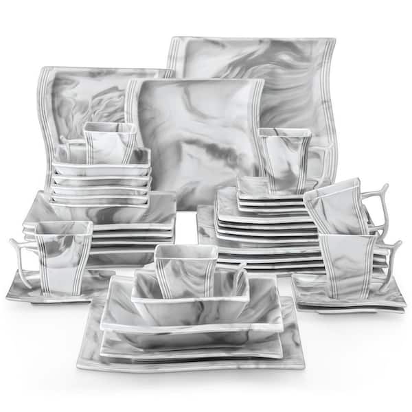 36-Piece Marble Grey Porcelain Dinnerware Set Service for 6-Dishware Tableware Dining Set with Plates Bowls Cups Saucers