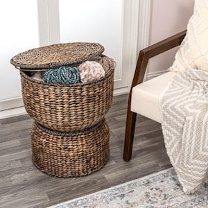Bhola 18 in. Hourglass Handwoven Hyacinth Storage Accent Table with Lid, Brown Wash
