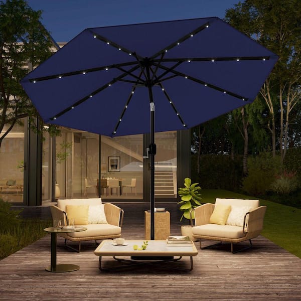 10 ft. Steel Solar-powered Round Outdoor Market Patio Umbrella with Crank in Navy Blue