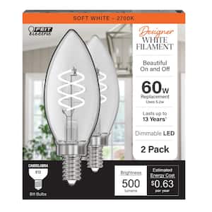 60-Watt Equivalent B10 Double Spiral White Thin Filament Clear E12 Candelabra LED Light Bulb, Soft White 2700K (2-Pack)